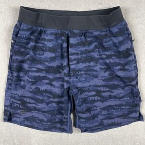 Fabletics Franchise Short Mens Small Blue Camo Lined Stretch Gym Active‎ 7"